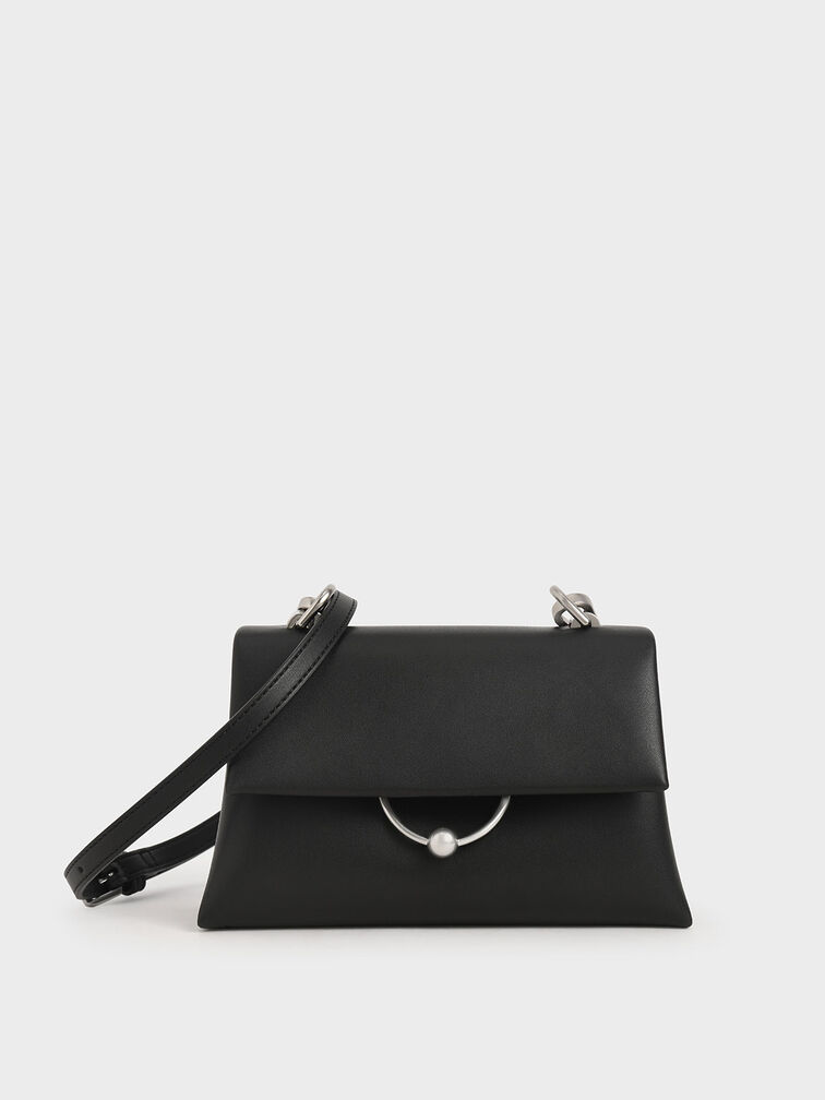 Geometric Chain Handle Bag, Black, hi-res