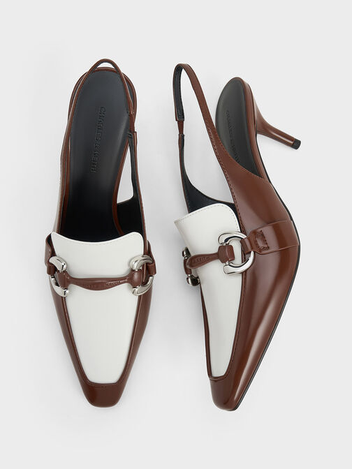 Zapatos de tacón destalonados Catelaya bicolor con acento metálico, Marrón oscuro, hi-res