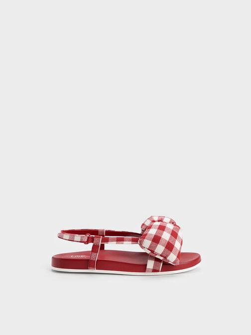 Girls' Checkered Puffy Bow Sandals, Red, hi-res