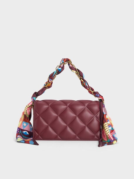 Alcott Scarf Handle Quilted Clutch, Burgundy, hi-res