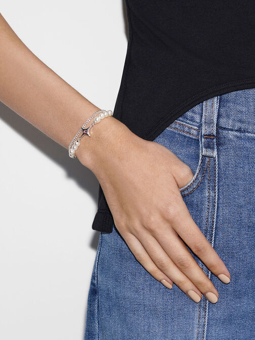 Estelle Star & Pearls Double Chain-Link Bracelet, Silver, hi-res