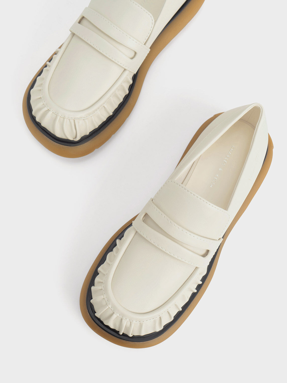 Ruched Ridged-Sole Penny Loafers, White, hi-res