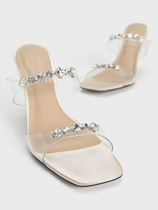 Sandales à lanière transparente avec ornement bijoux, Neutre, hi-res