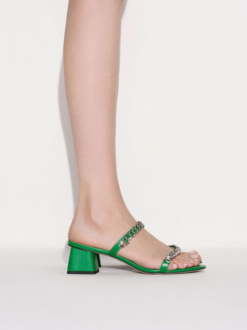 Chain-Link Block Heel Sandals, Green, hi-res