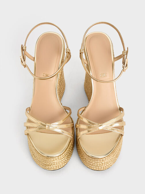 Leather Metallic Strappy Espadrille Wedges, Gold, hi-res