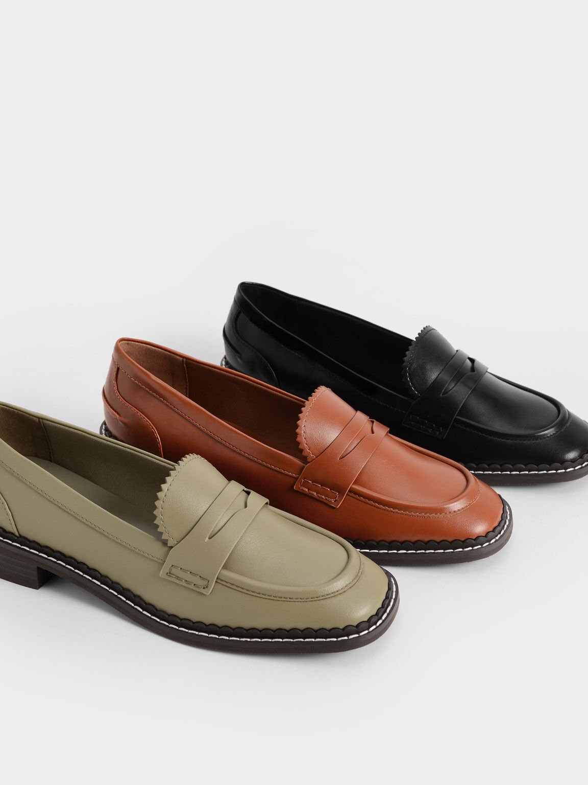 Scallop-Trim Penny Loafers, Olive, hi-res