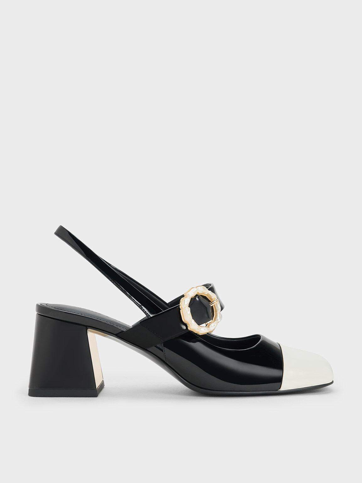 Black Patent Two-Tone Pearl Buckle Slingback Pumps - CHARLES & KEITH PL