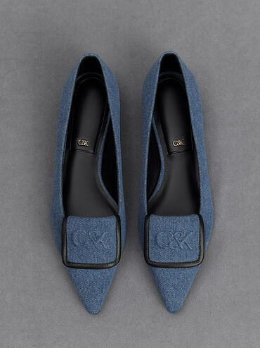 Zapatos planos de punta estrecha en cuero y mezclilla, Azul, hi-res