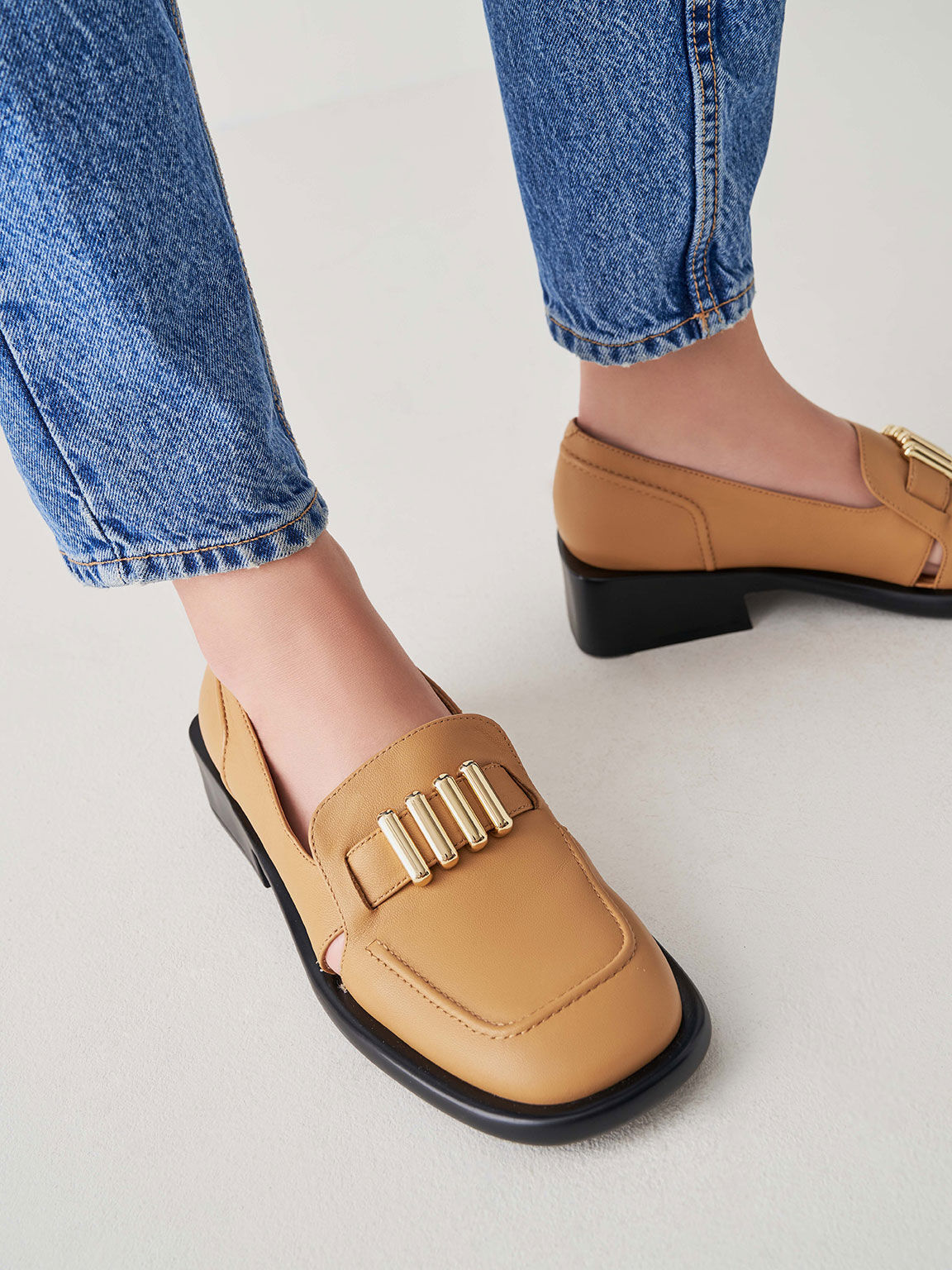 Embellished Leather Loafers, Tan, hi-res