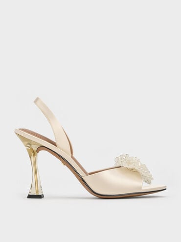 Recycled Polyester Beaded Bow Slingback Pumps, Champagne, hi-res