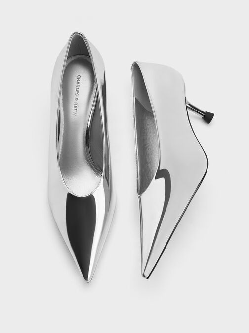 Zapatos metalizados de tacón bajo con punta afilada, Plateado, hi-res