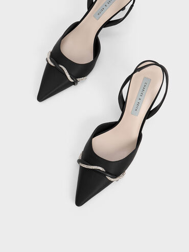 Zapatos de Tacón Destalonados de Satín con Detalle Torcido, Negro, hi-res