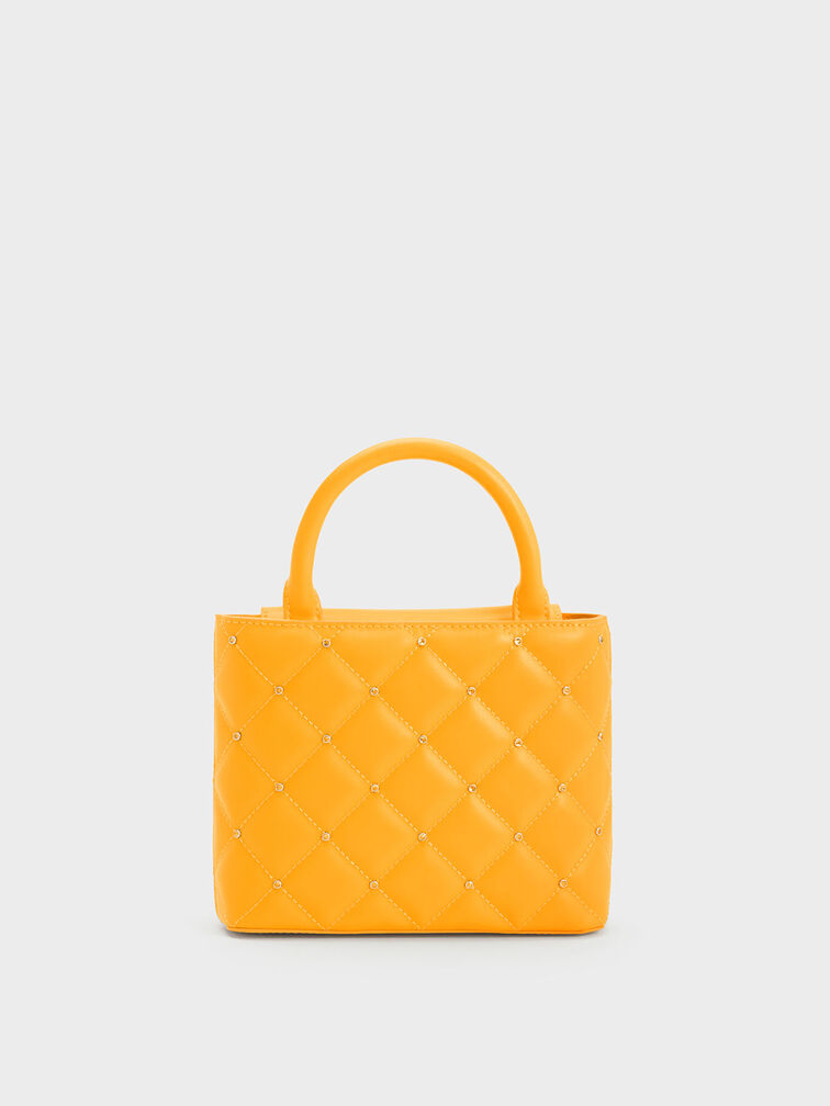 Gem-Embellished Padded Tote Bag, Orange, hi-res