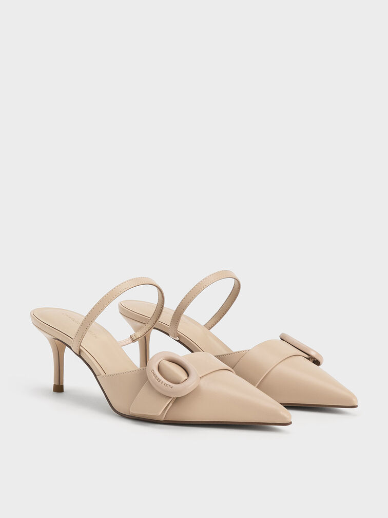 Oval-Buckle Pointed-Toe Mules, Beige, hi-res