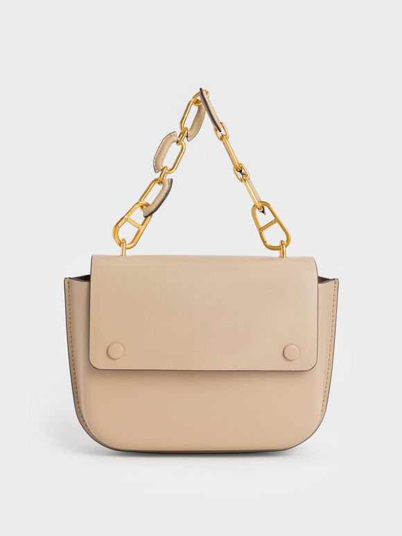 Amber Chain Handle Push-Lock Handbag, Sand, hi-res