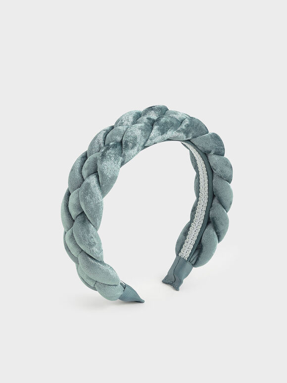 Holiday 2021 Collection: Estrello Velvet Braided Hairband, Sage Green, hi-res
