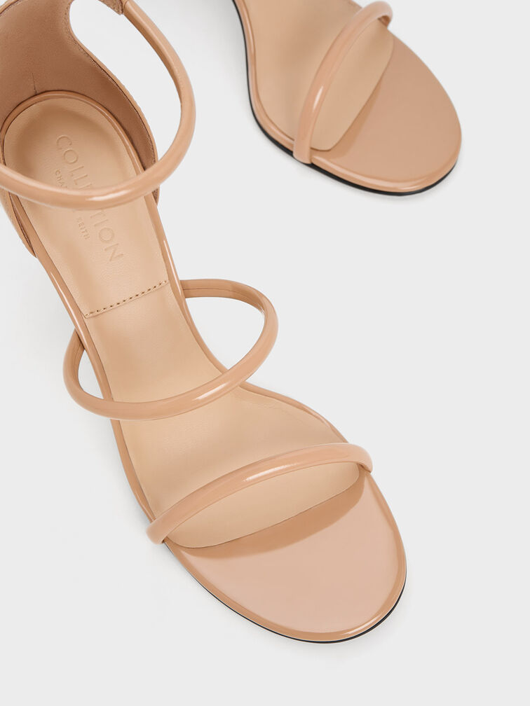 Patent Leather Triple Strap Heeled Sandals, Nude, hi-res