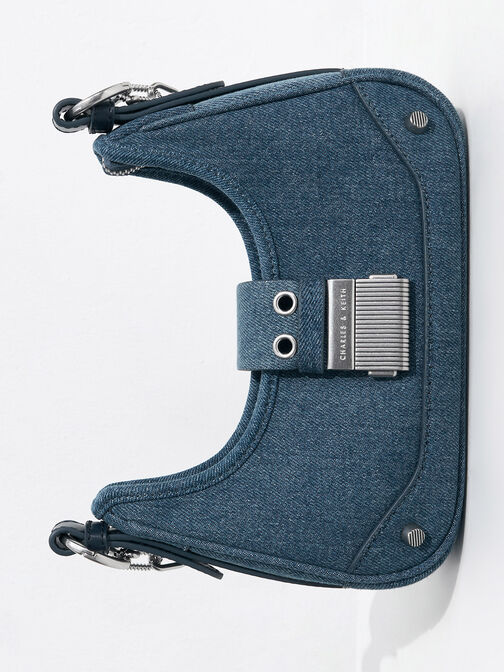 Bolso hobo Winslet de mezclilla con tira tipo cinturón, Azul mezclilla, hi-res