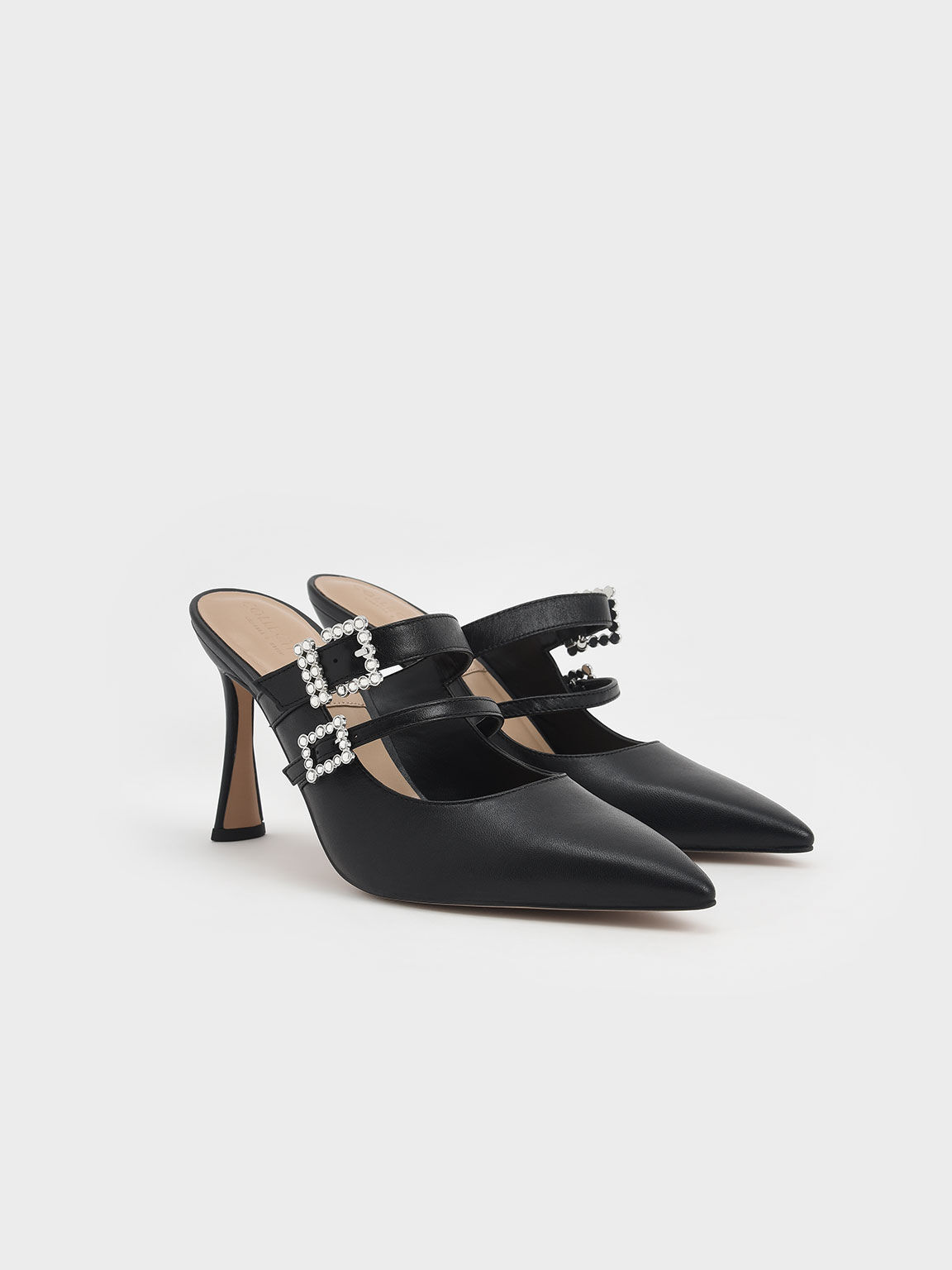 Leather Gem-Embellished Stiletto Mules, Black, hi-res