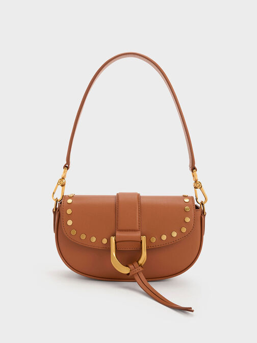 Gabine Studded Leather Shoulder Bag, Brown, hi-res