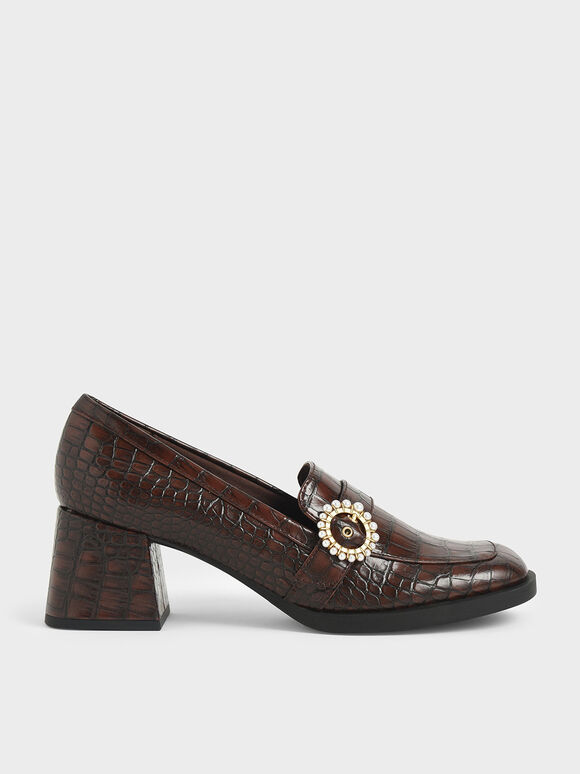 Beaded Accent Croc-Effect Loafer Pumps, Animal Print Brown, hi-res