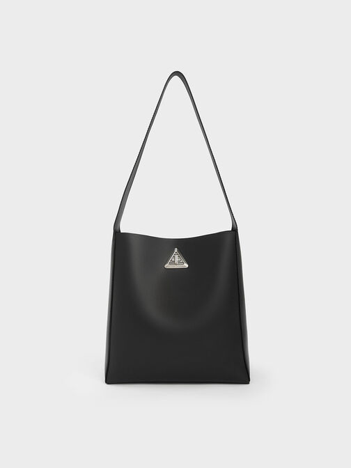 Grand sac hobo à détail métallique triangulaire, Noir, hi-res