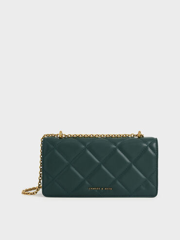 Paffuto Chain Handle Quilted Long Wallet, Dark Green, hi-res