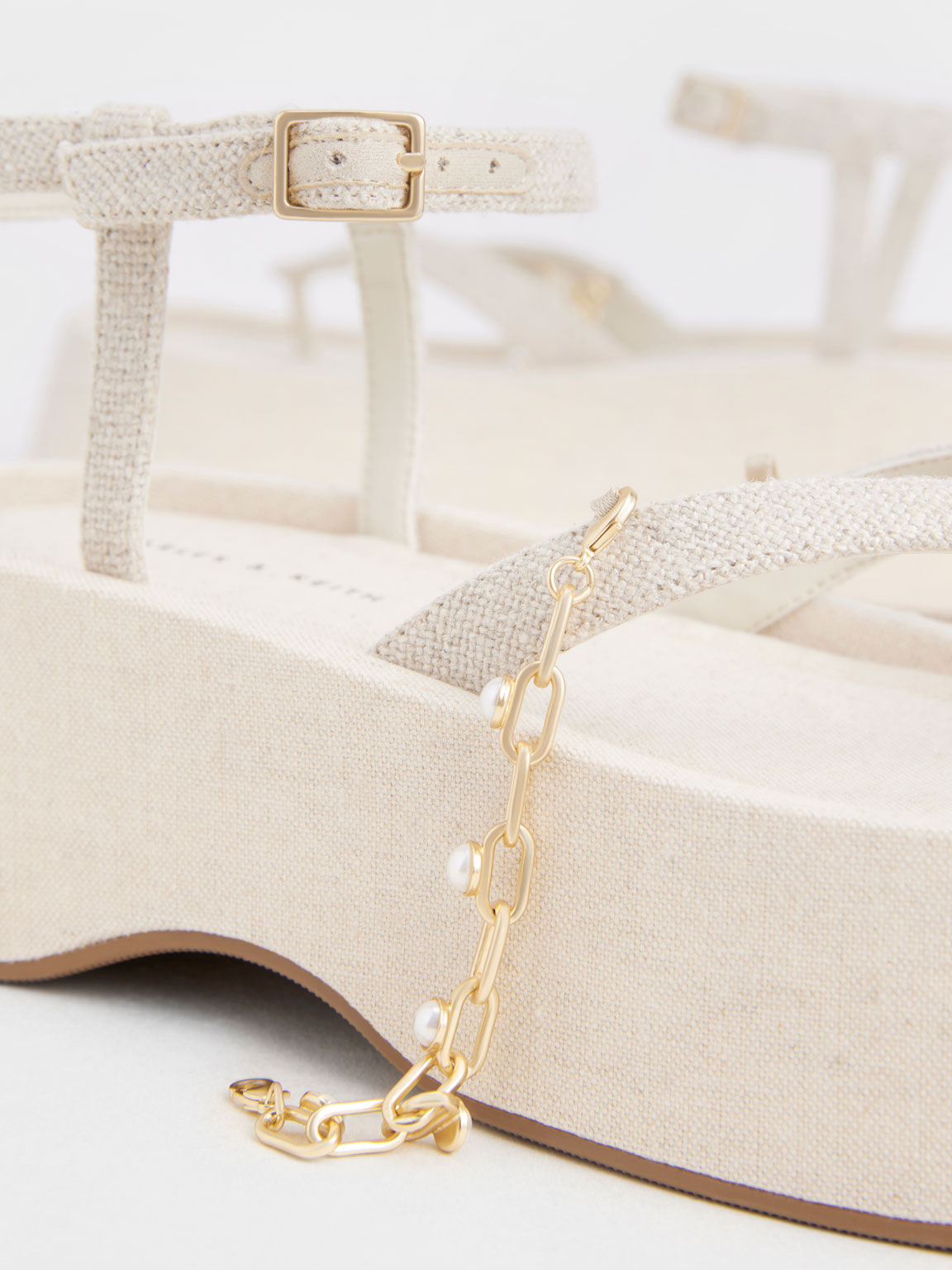 Savannah Chain-Embellished Ankle-Strap Linen Flatforms, Beige, hi-res