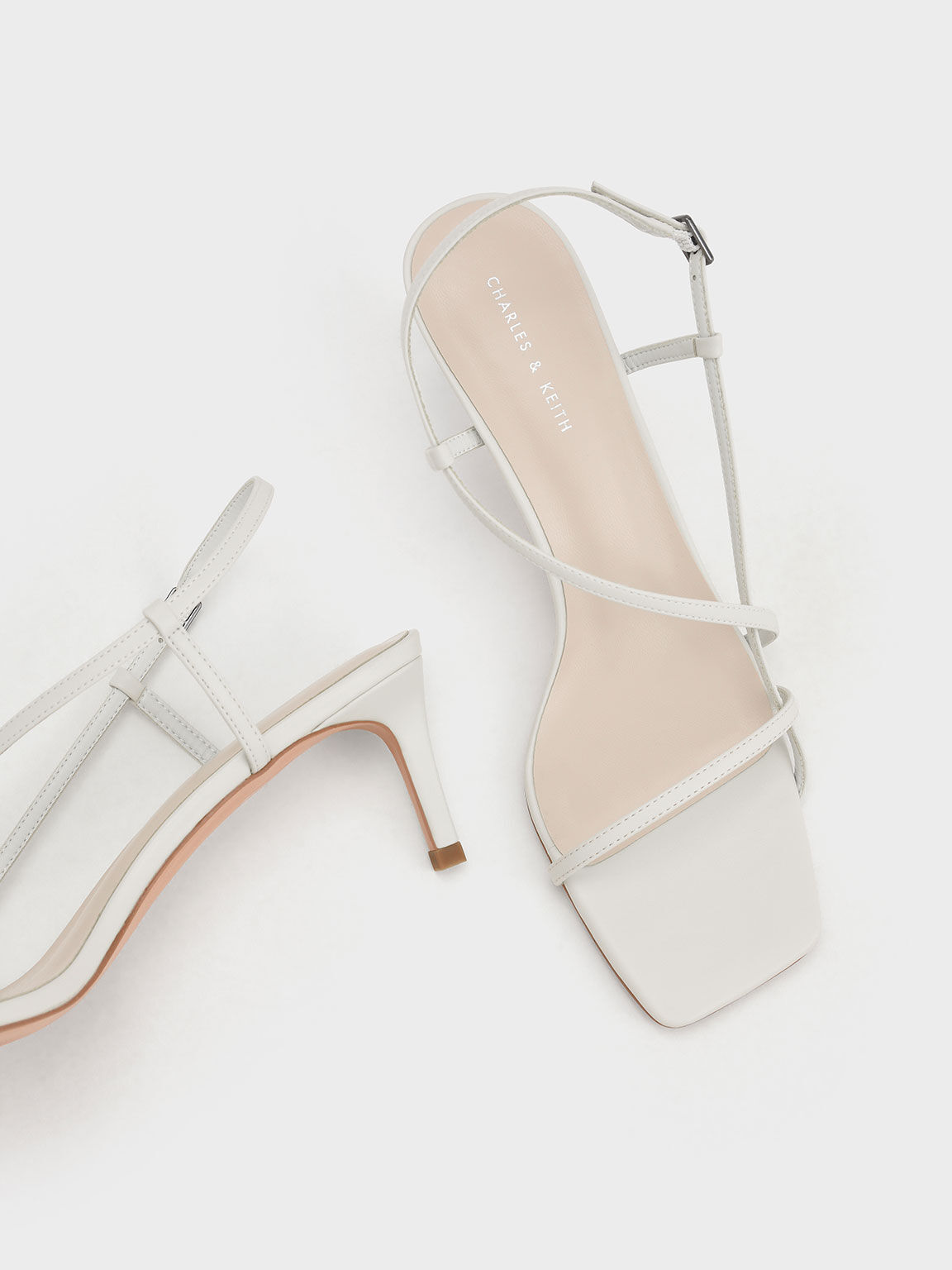 Asymmetric Strap Heeled Sandals, White, hi-res