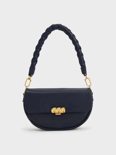 Abby Braided Handle Metallic Accent Shoulder Bag, Navy, hi-res