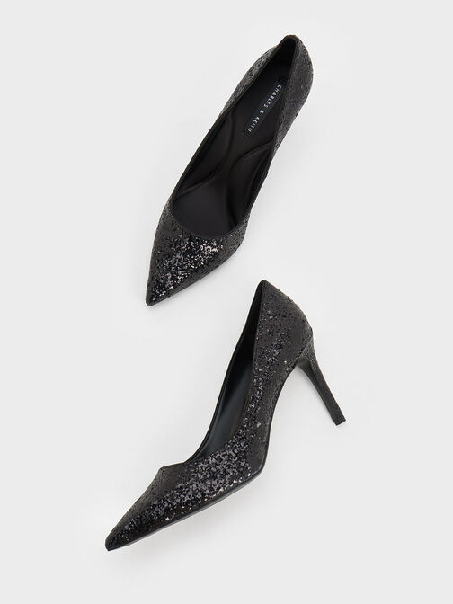 Zapatos de tacón Emmy con punta estrecha y acabado glitter, Negro texturizado, hi-res