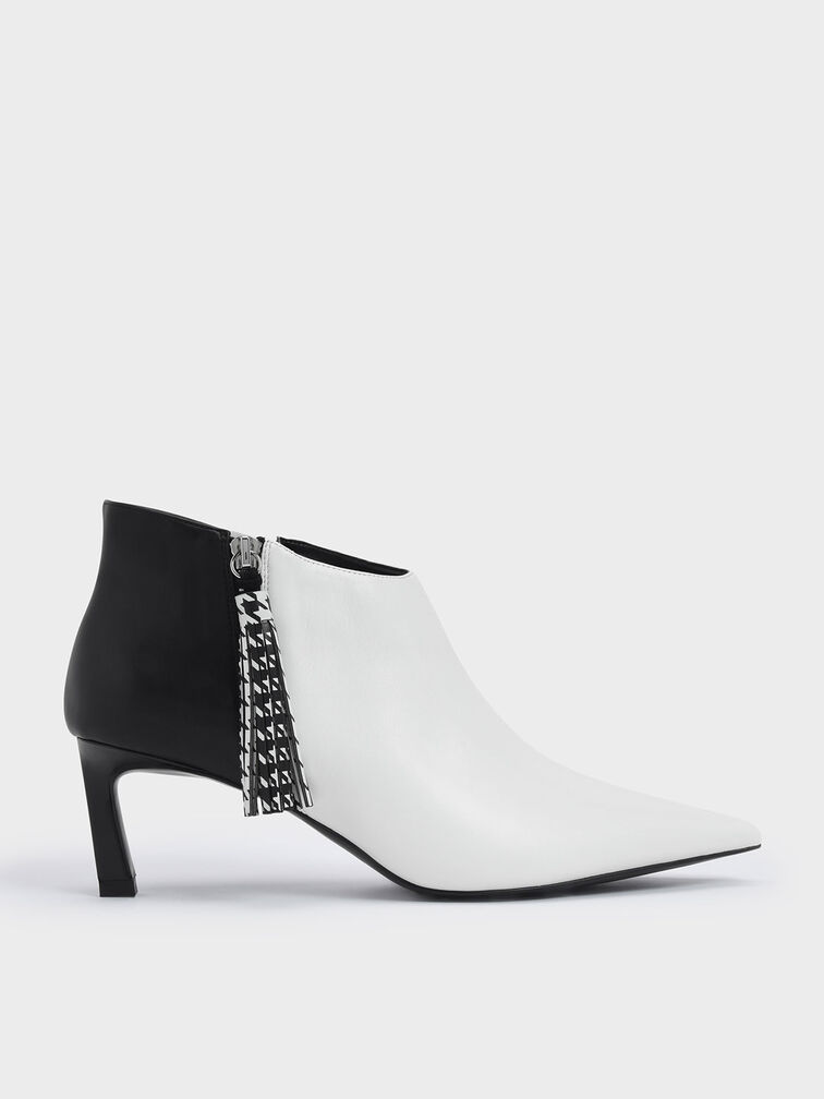 Houndstooth Printed Tassel Heeled Ankle Boots, White, hi-res