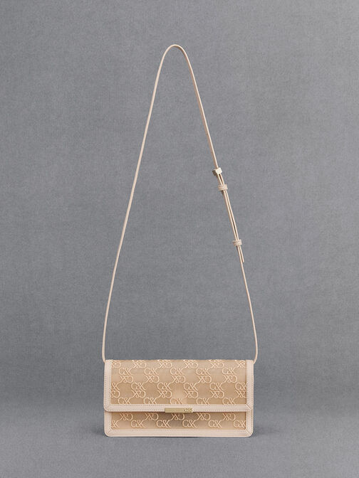 Mesh & Leather Monogram Shoulder Bag, Beige, hi-res