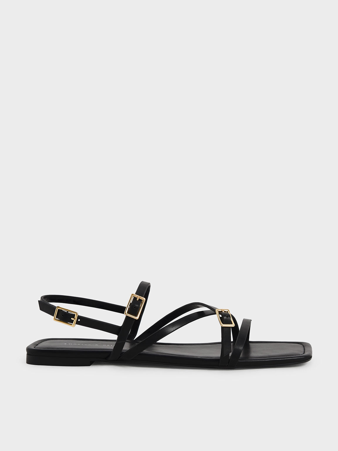 Strappy Mini Buckle Flat Sandals, Black, hi-res