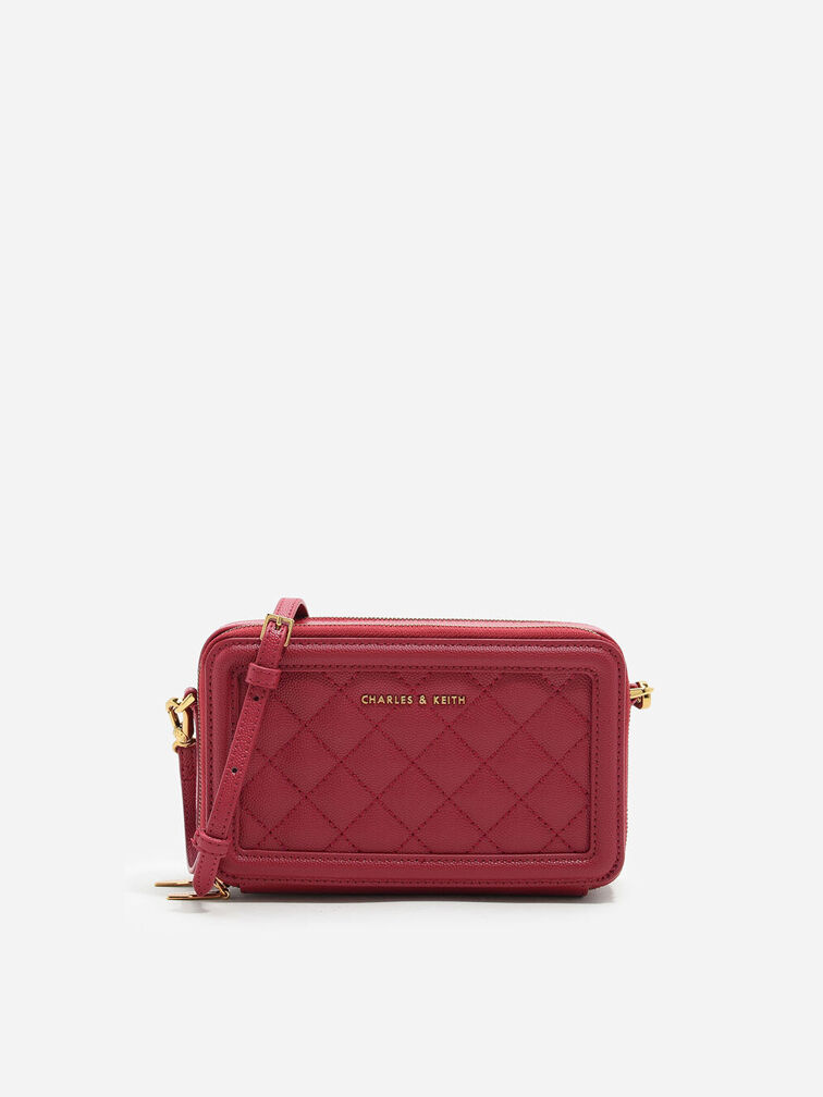 Quilted Boxy Long Wallet, Red, hi-res