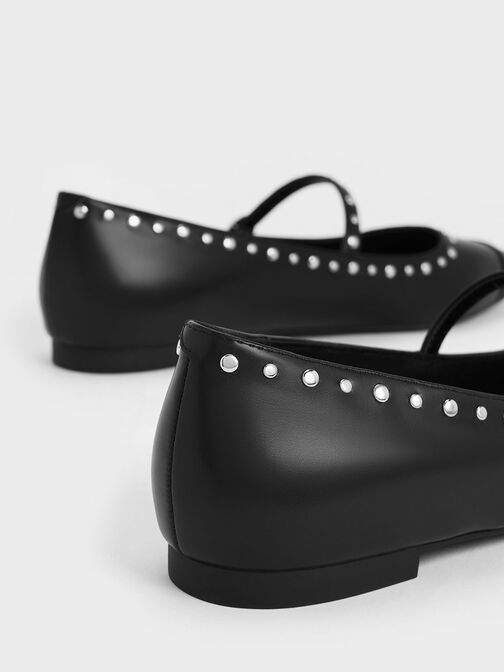 Zapatos planos Mary Jane con punta puntiaguda y tachuelas, Negro, hi-res