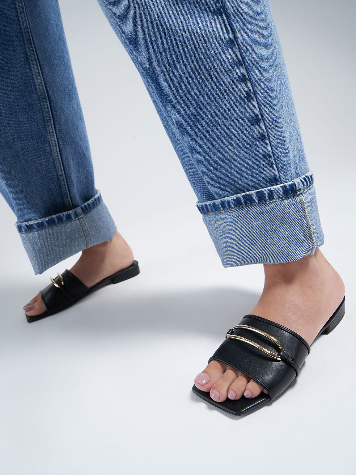 Metallic Accent Square-Toe Slide Sandals, Black, hi-res