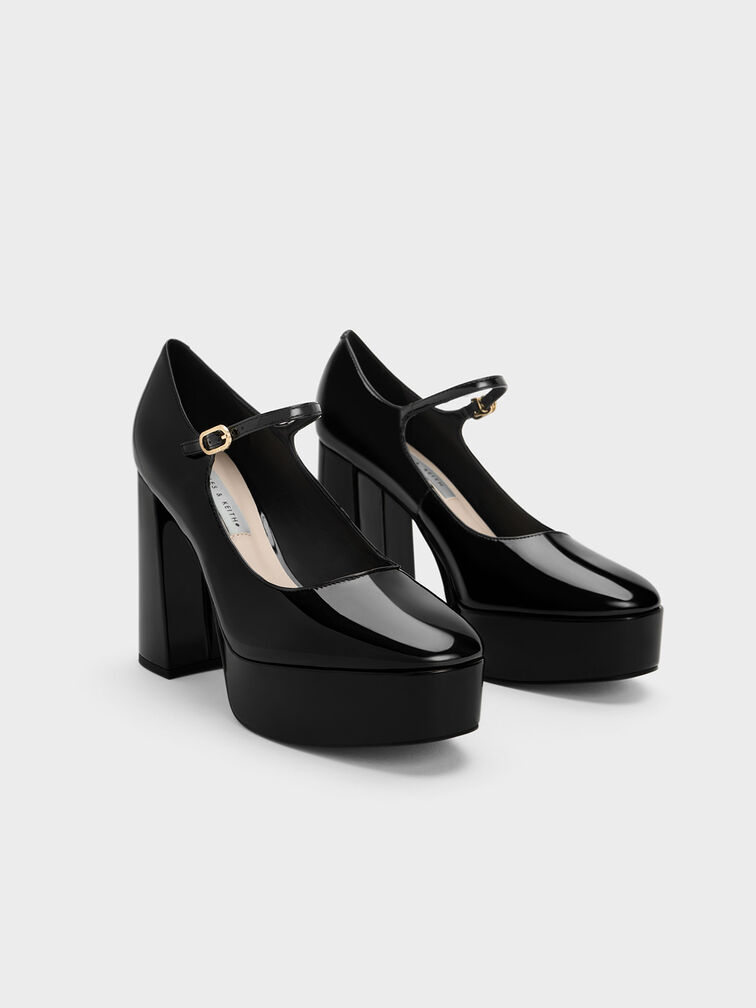 Zapatos de tacón Mary Jane de charol con plataforma, Charol negro, hi-res