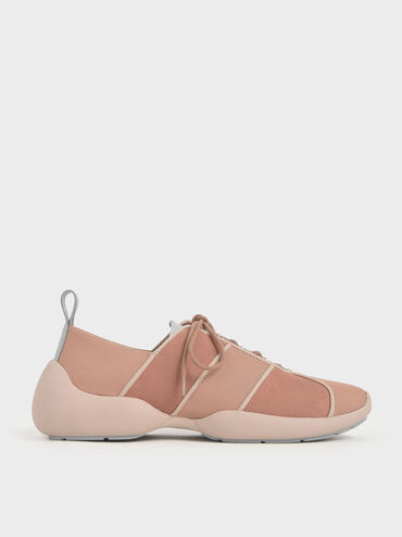 Nylon & Microsuede Lace-Up Sneakers, Nude, hi-res