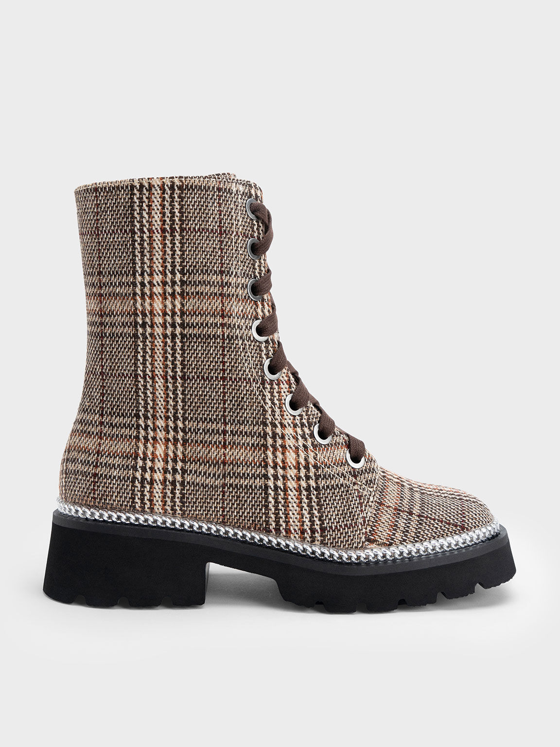 Checkered Chain-Trim Lace-Up Boots, Dark Brown, hi-res