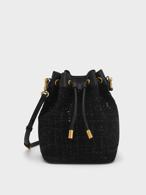 Tweed Drawstring Bucket Bag, Black, hi-res