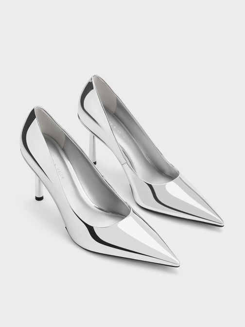 Metallic Patent Pointed-Toe Stiletto Heels, Silver, hi-res