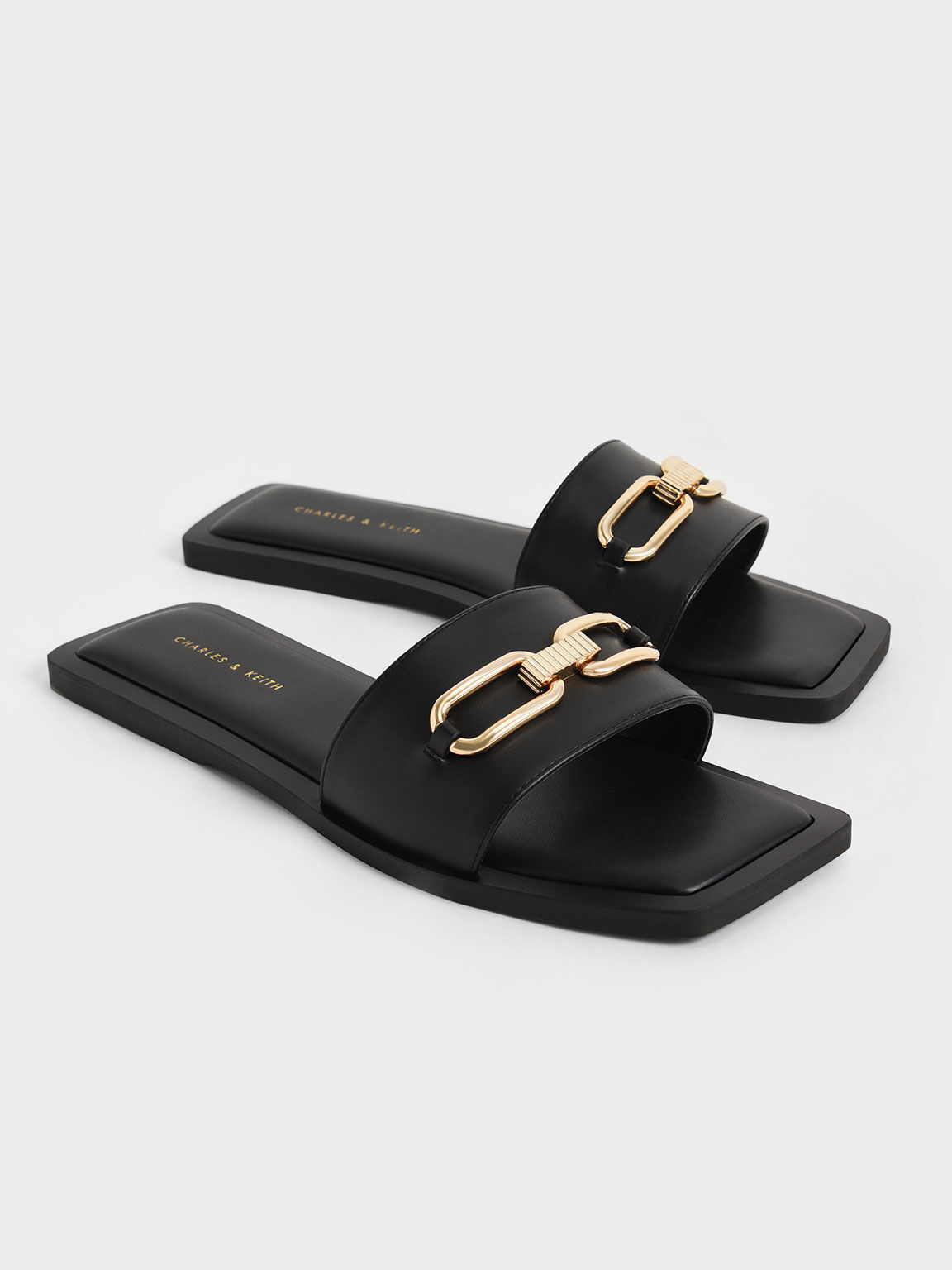 Metallic Accent Padded Slide Sandals, Black, hi-res