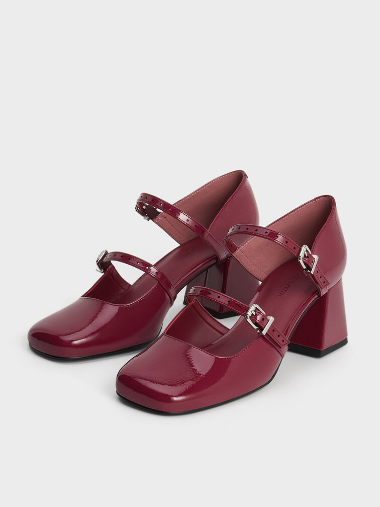 Zapatos de tacón d'Orsay de charol con doble correa, Burgundy, hi-res
