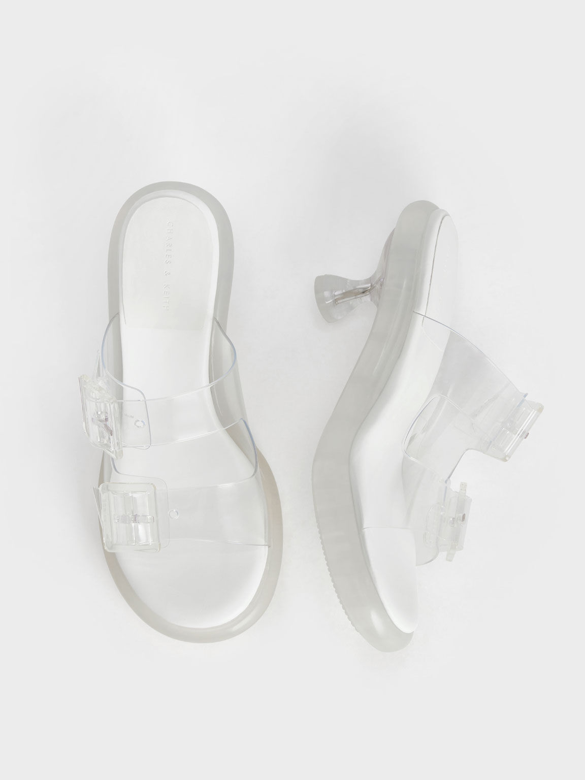 Madison Double Buckle See-Through Mules, White, hi-res