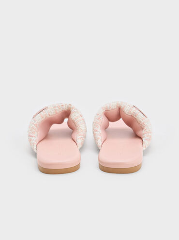 Tweed Puffy Wide-Strap Slide Sandals, Light Pink, hi-res