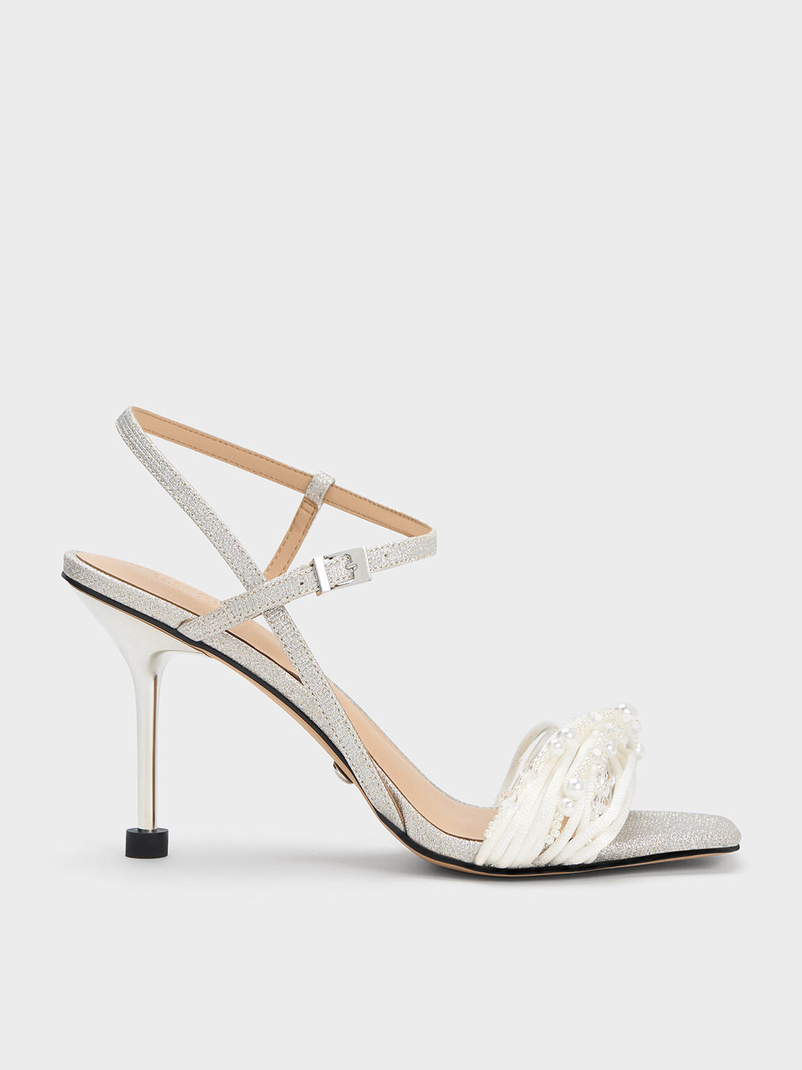 Beaded Asymmetric Glittered Sandals, Silver, hi-res