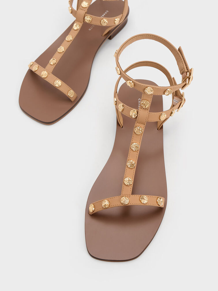Studded Gladiator Sandals, Camel, hi-res