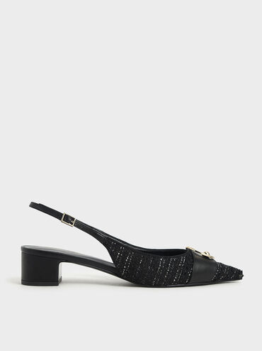 Ring Embellished Tweed Slingback Court Shoes, Black Textured, hi-res