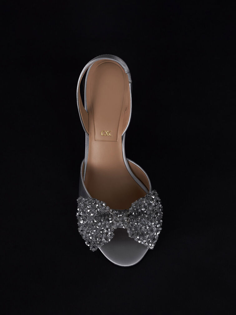 Recycled Polyester Beaded Bow Slingback Pumps, Silver, hi-res